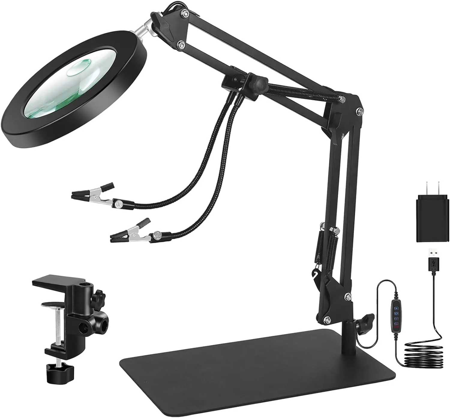 Toolour 5X&10X Magnifying Glass Light with Stand Table Clamp Lighted Magnifier Lamp for Close Work, Crafting, Model, Sewing, Jewelry, Soldering, Reading, HD Magnification for Details & Helping Hand