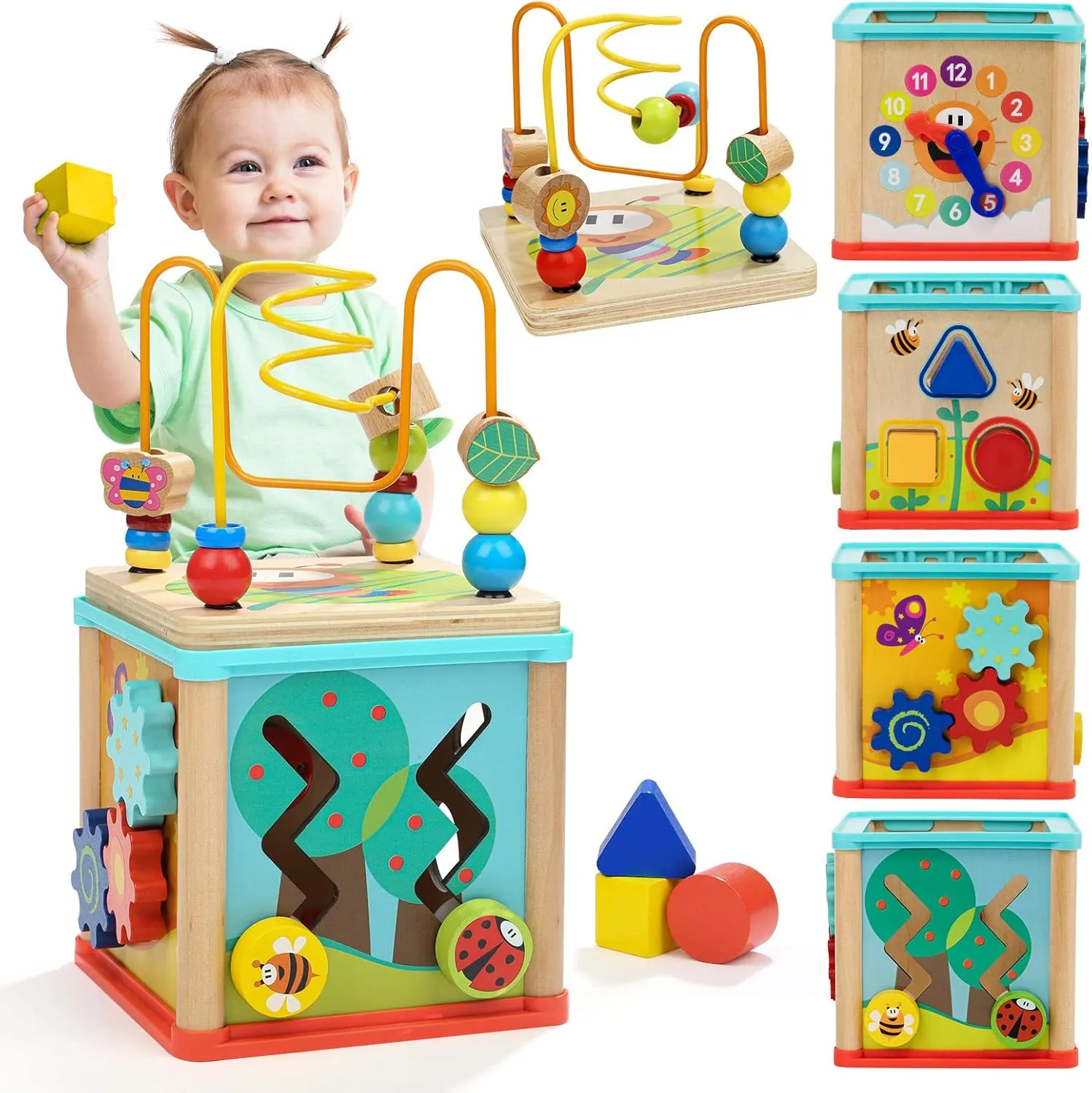 TOP BRIGHT Montessori Toys for 1 Year Old Boy Girl Toddlers, Wooden Activity Cube Toys, First Birthday Gift, Baby Toy for 12-18 Months with Bead Maze Shape Sorter