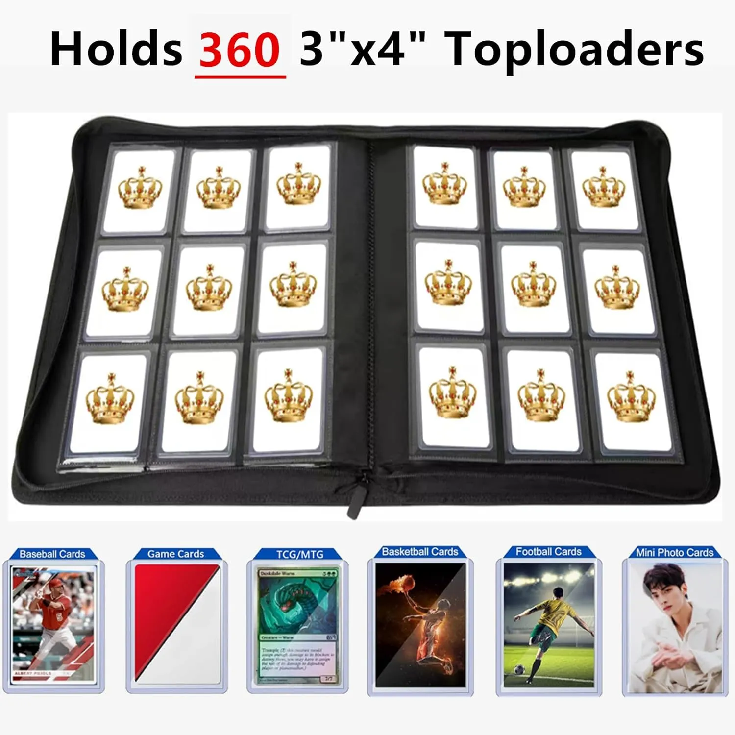 Toploader Binder,9-Pocket Double Sided Top Loader Binder,Holds 360 Cards in 3"x4" Toploaders,PU Leather Card Binder Abulm for Toploader Trading,Sports,and Gaming Cards (Red)