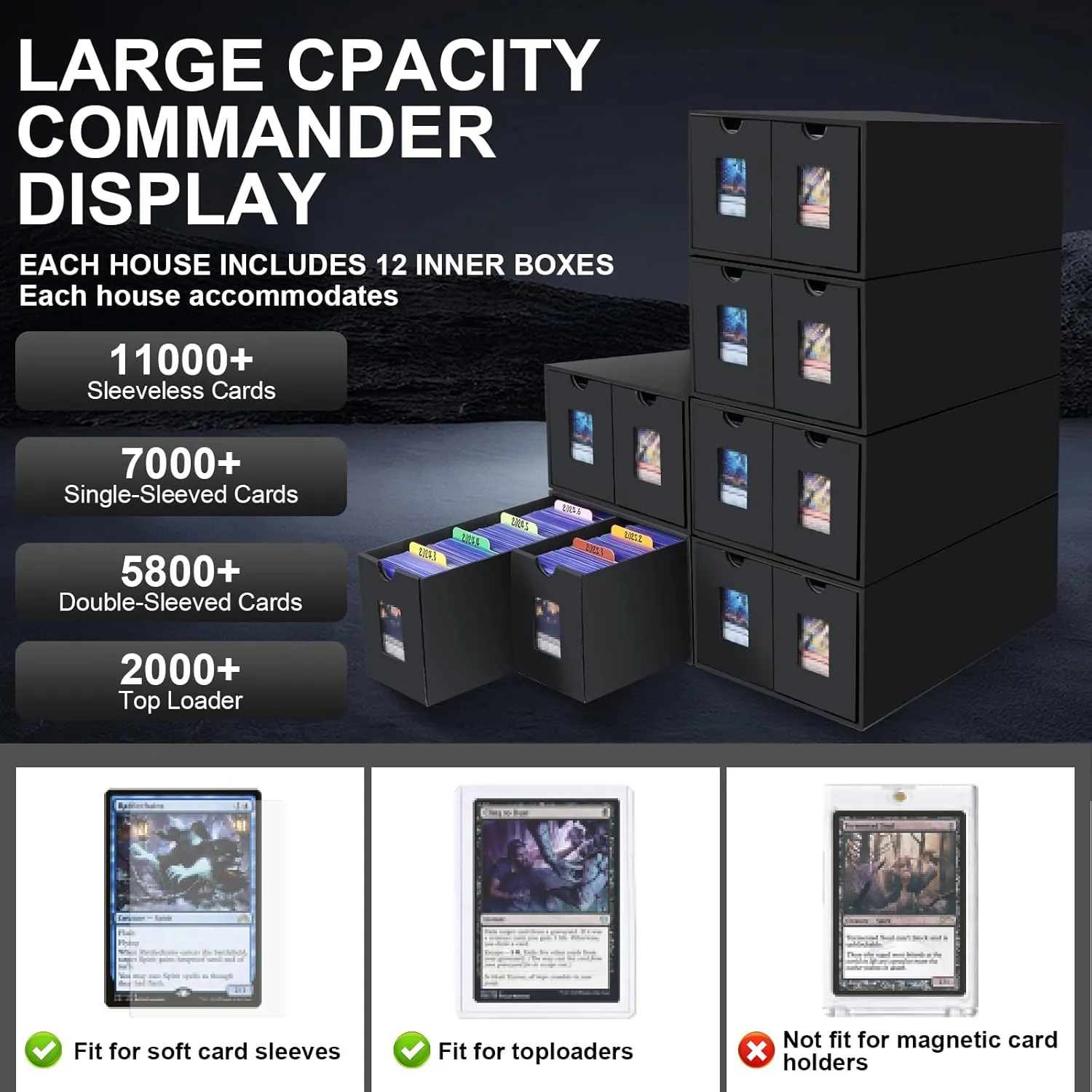 Toploader Card Storage Box,Holds 2000  Toploaders,Toploader Storage Box for Commander Display,with 72 Dividers, Labels & Tapes,Fit for TCG, PTCG, MTG