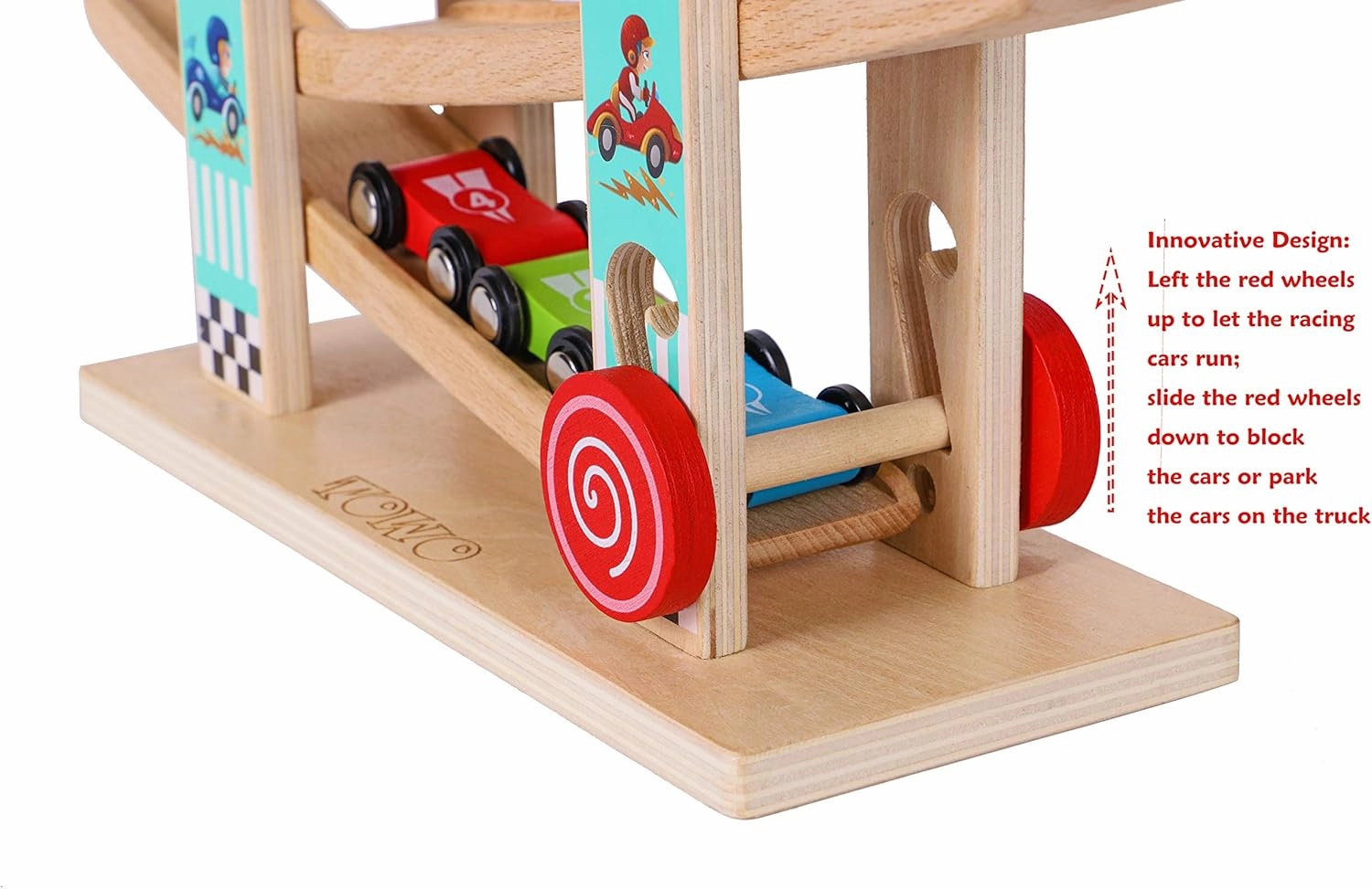 TOWO Pure Wooden Car Ramp - Zig Zag Car Slide Run with 4 Wooden Cars Playsets-Click Clack Track Toys for Toddlers -Racing Car Toys for Kids Boys Girls 2 3 4