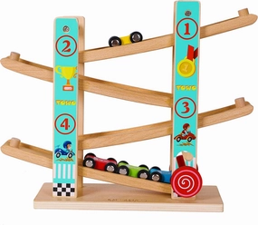 TOWO Pure Wooden Car Ramp - Zig Zag Car Slide Run with 4 Wooden Cars Playsets-Click Clack Track Toys for Toddlers -Racing Car Toys for Kids Boys Girls 2 3 4