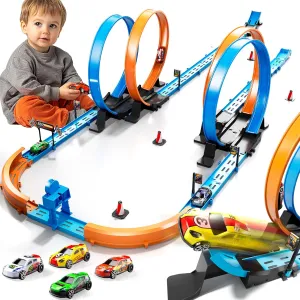 Toy Car Track Set for Boys Kids Age 3-5 4-7 8-12, Long Race Tracks with 4 Action Loops and 4 High-Speed Slot Cars, 35  Pieces of Race Track to Create Multiple Configurations