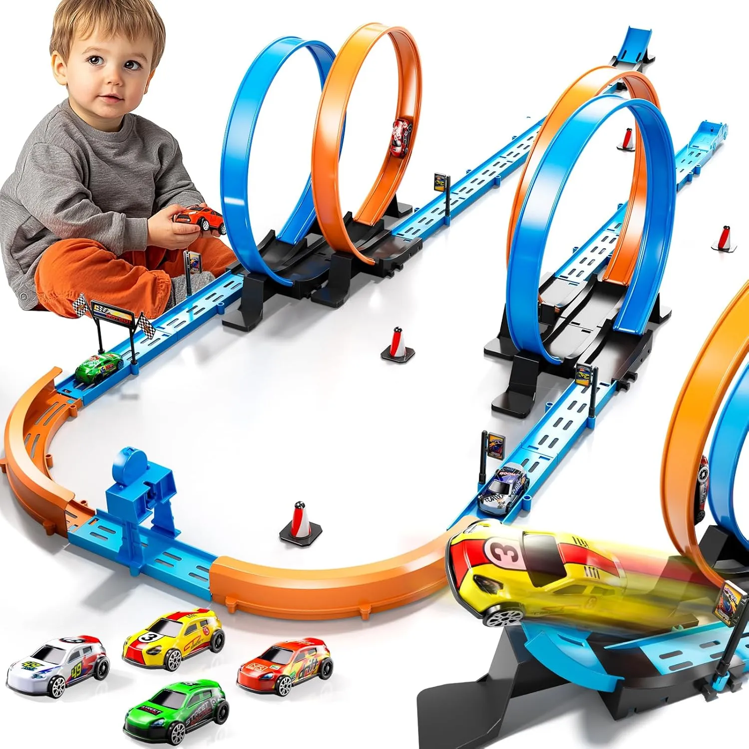 Toy Car Track Set for Boys Kids Age 3-5 4-7 8-12, Long Race Tracks with 4 Action Loops and 4 High-Speed Slot Cars, 35  Pieces of Race Track to Create Multiple Configurations