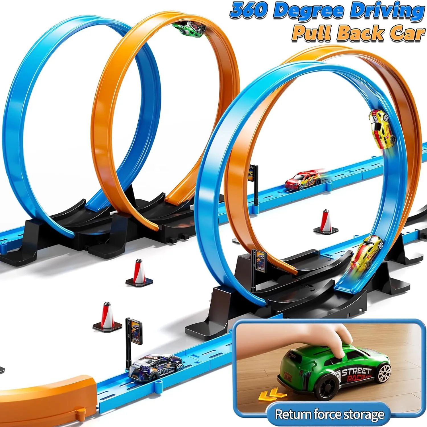 Toy Car Track Set for Boys Kids Age 3-5 4-7 8-12, Long Race Tracks with 4 Action Loops and 4 High-Speed Slot Cars, 35  Pieces of Race Track to Create Multiple Configurations