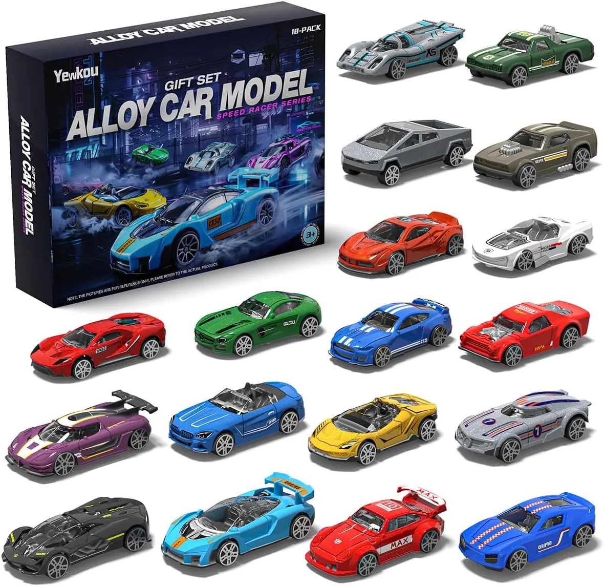 Toys Cars 18-Pack, 1:64 Scale Metal Vehicles Set, Includes Pickup, Racing Cars,Sports Cars for Display or Play, Great Gift for Kids Age 3 Years and Up (18 Pack)