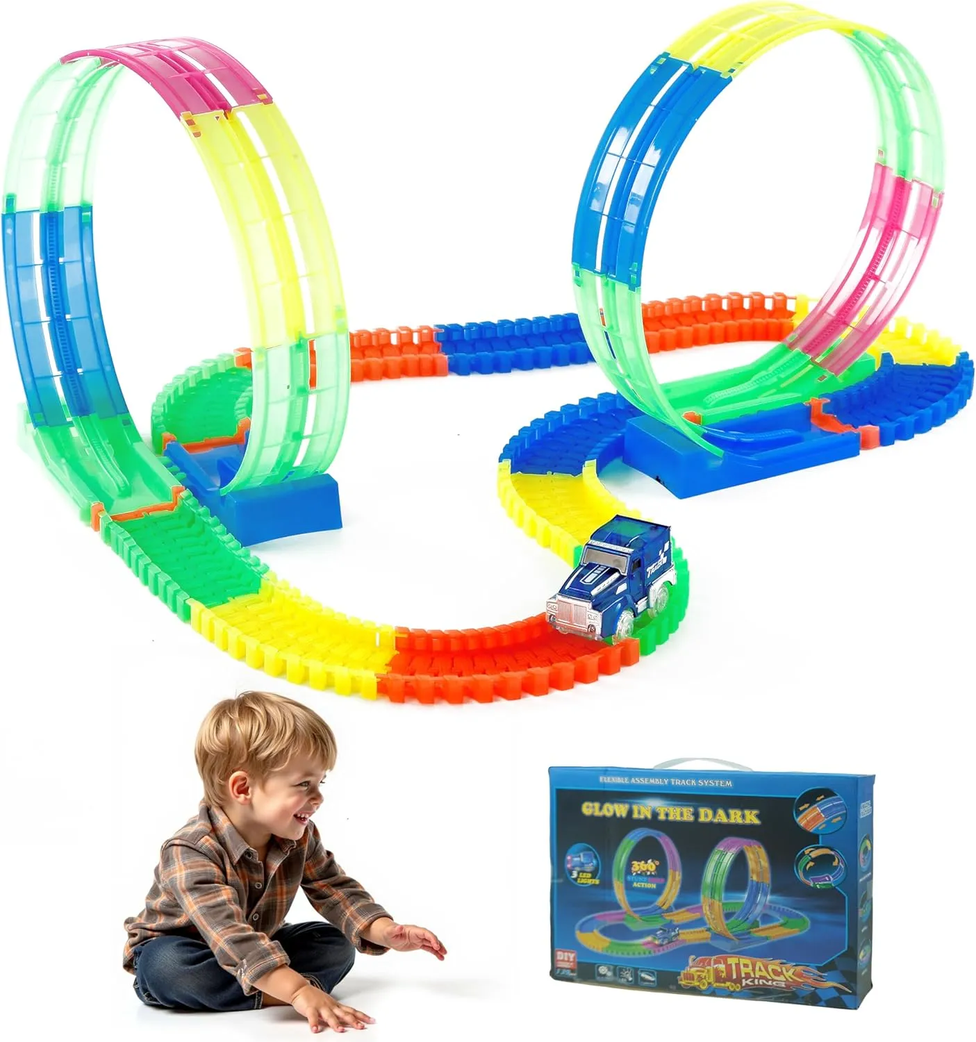 Toys Race Car Track -Racetrack with Light, Flex Tracks Toys Set, Best Birthday Favor Gift for Boys & Girls 3 4 5 6 7 8 Year Old Kids, Rainbow Glow Road Track Toddler Toys