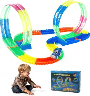 Toys Race Car Track -Racetrack with Light, Flex Tracks Toys Set, Best Birthday Favor Gift for Boys & Girls 3 4 5 6 7 8 Year Old Kids, Rainbow Glow Road Track Toddler Toys