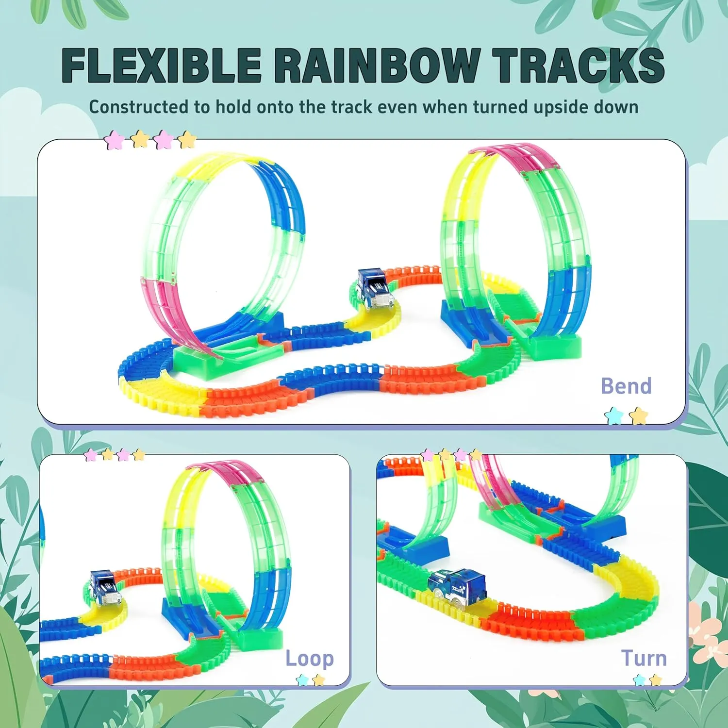 Toys Race Car Track -Racetrack with Light, Flex Tracks Toys Set, Best Birthday Favor Gift for Boys & Girls 3 4 5 6 7 8 Year Old Kids, Rainbow Glow Road Track Toddler Toys