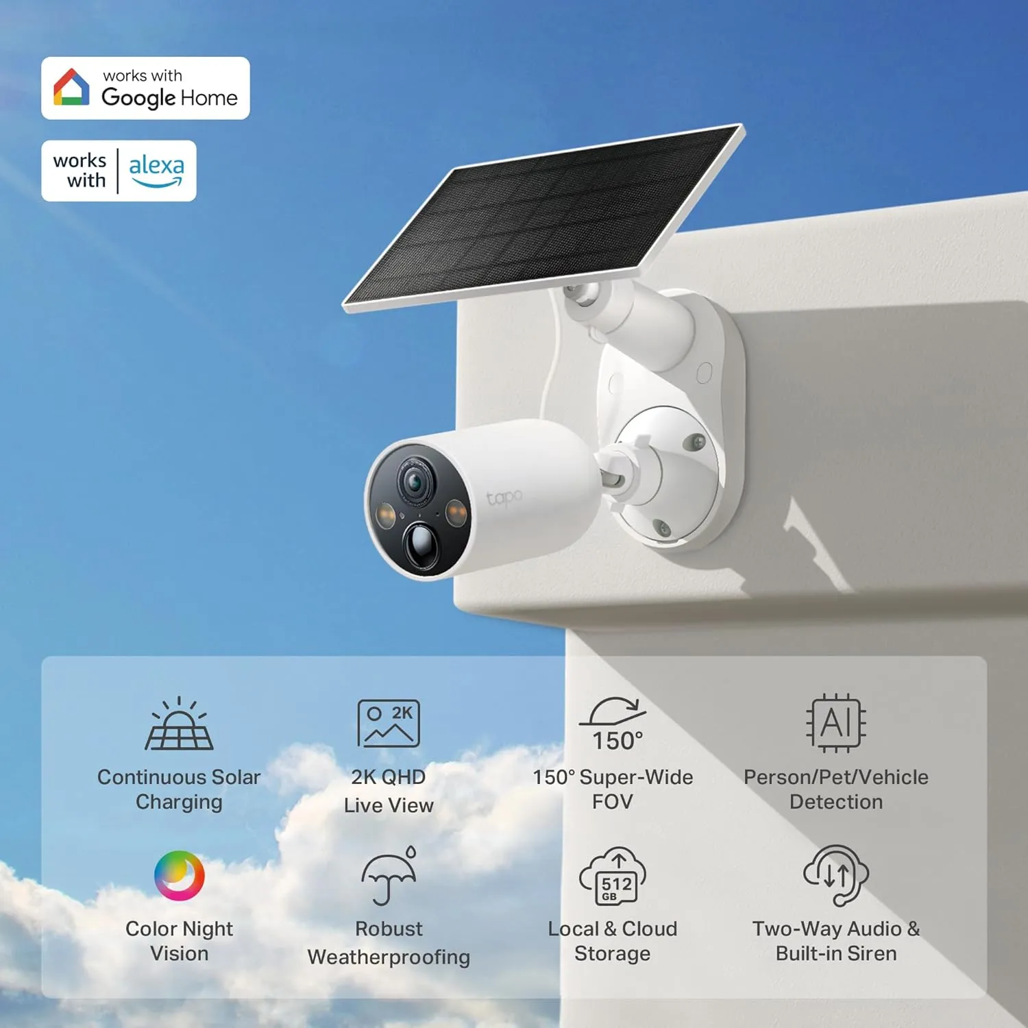TP-Link 𝗧𝗮𝗽𝗼 SolarCam 2K, Outdoor Battery Camera w/Solar Panel Base, Wireless Camera, 2K QHD, 150° Super-Wide FOV, Free Person/Vehicle/Pet Detection, SD/Cloud Storage, Starlight Color Night Vision