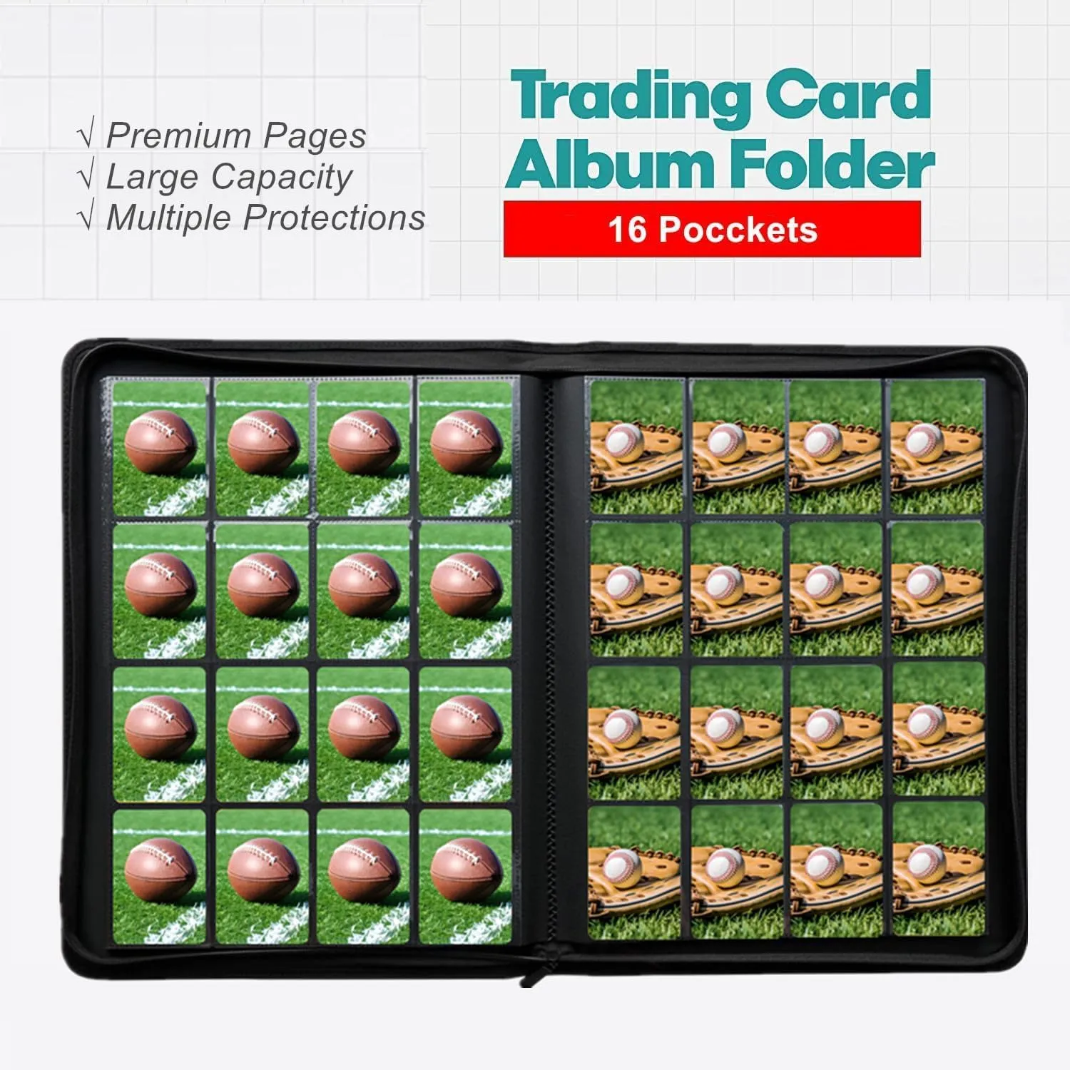 Trading Card Binder 16 Pocket, 1000  Pockets Ringless PU Cover Card Collection Binder, Double Sided Card Binder Collector Album, Card Folder for MTG, TCG, Sports Cards, Game Cards