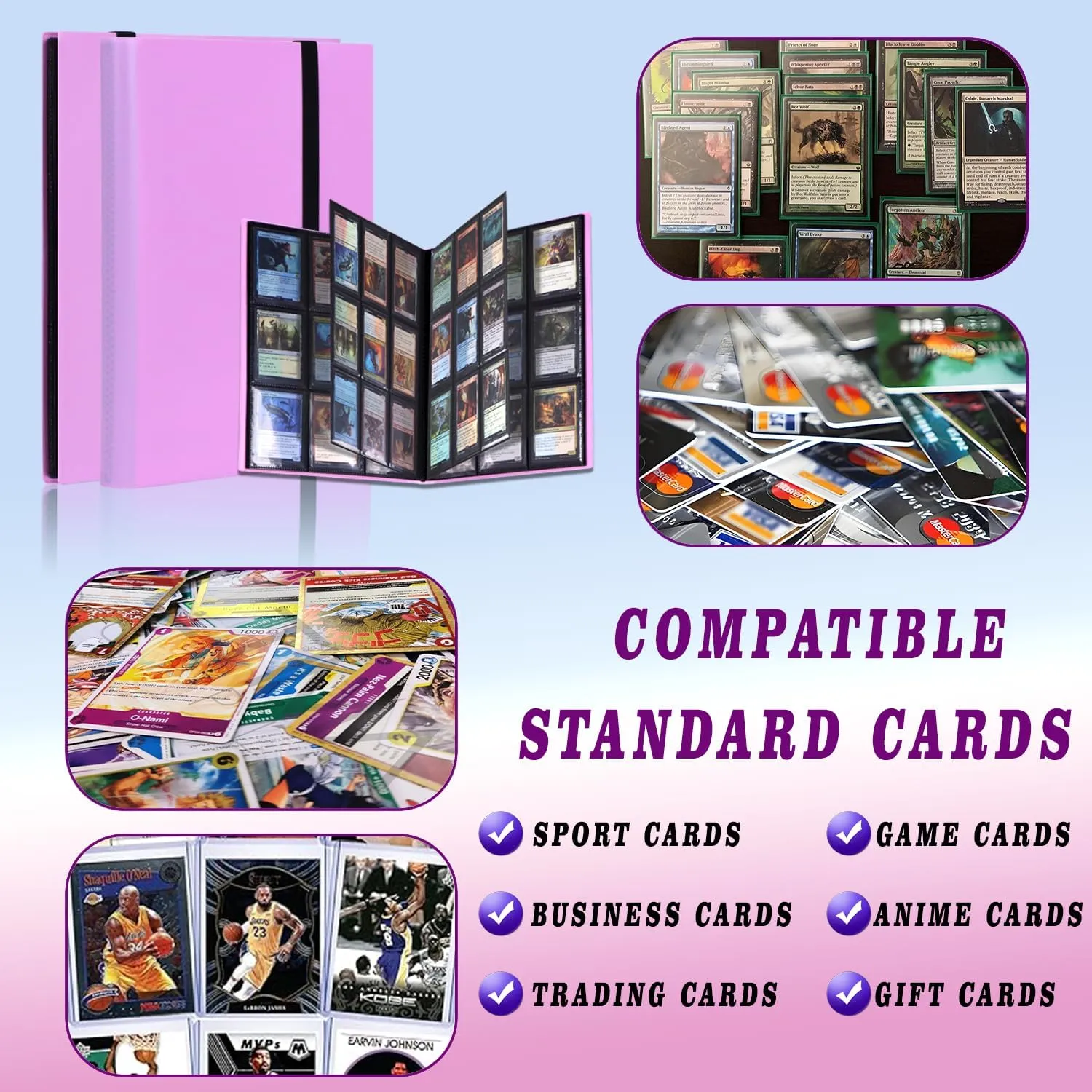 Trading Card Binder 360 Pockets - 9-Pocket Collector Album for MTG, Tcg, Sports Cards - Includes Elastic Band -Great Gift-Ready (Pink Purple)