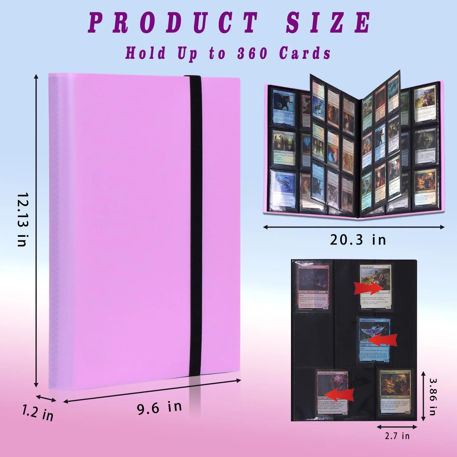 Trading Card Binder 360 Pockets - 9-Pocket Collector Album for MTG, Tcg, Sports Cards - Includes Elastic Band -Great Gift-Ready (Pink Purple)