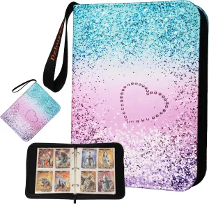 Trading Card Binder for 4-Pocket (480 Cards) with 60 Removable Sleeves, with Protection Zipper and Easy Carrying Wristband, Portable Card Albums for Boys Girls Gifts, Pink