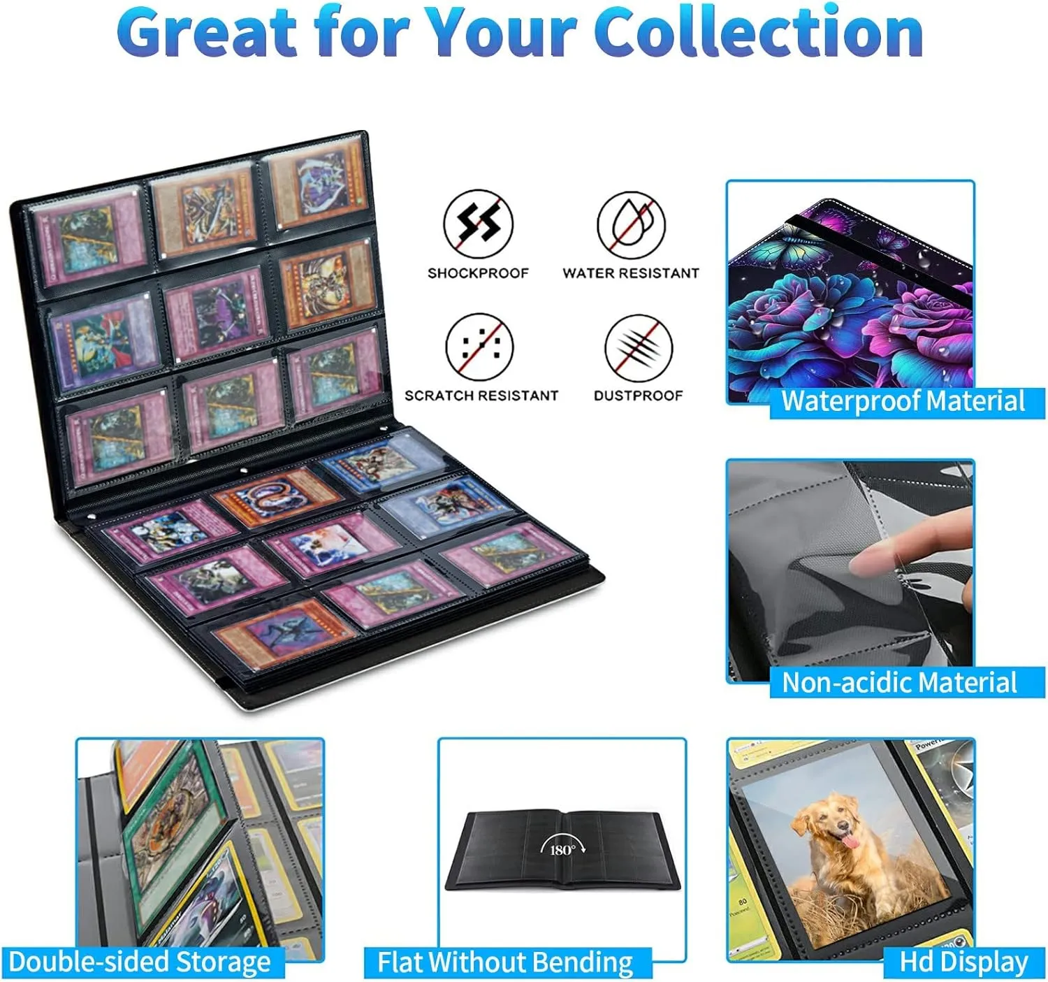 Trading Card Binder with 20 Sleeves, 9 Pocket Waterproof Card Book Holder Fits 360 Cards for Trading Cards, Football Cards, Pet Picture, Side Loading, Purple Roses and Butterflies