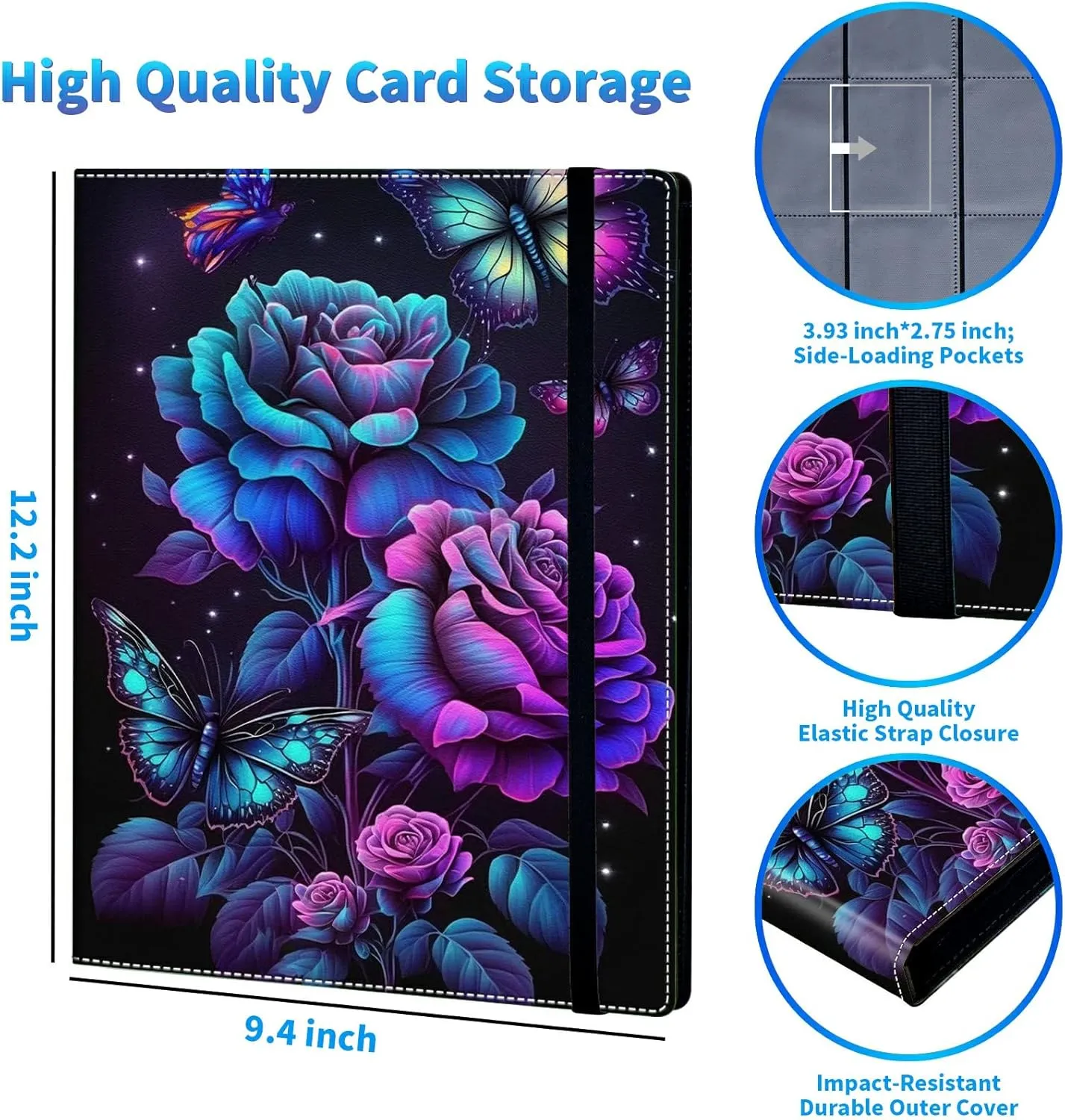 Trading Card Binder with 20 Sleeves, 9 Pocket Waterproof Card Book Holder Fits 360 Cards for Trading Cards, Football Cards, Pet Picture, Side Loading, Purple Roses and Butterflies