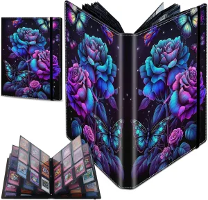 Trading Card Binder with 20 Sleeves, 9 Pocket Waterproof Card Book Holder Fits 360 Cards for Trading Cards, Football Cards, Pet Picture, Side Loading, Purple Roses and Butterflies