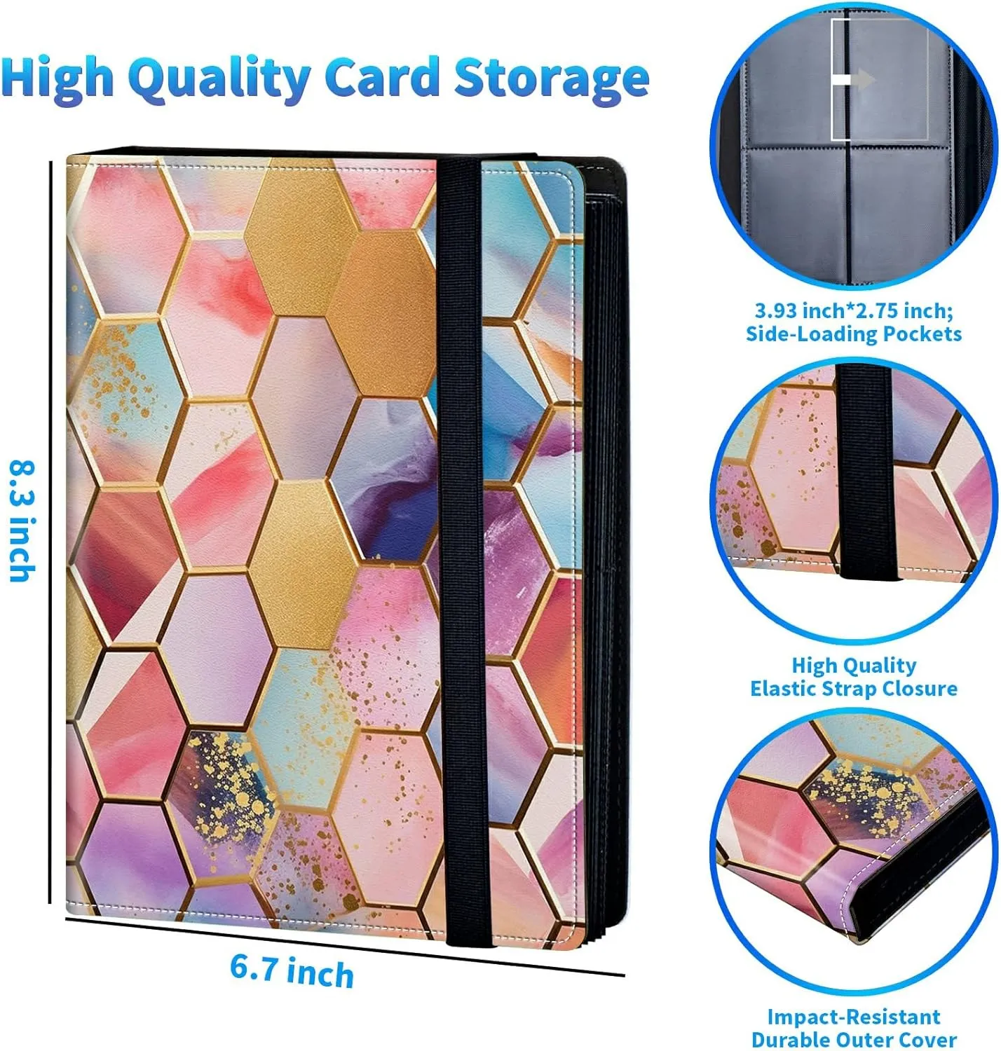 Trading Card Binder with 40 Sleeves, 4 Pocket Waterproof Card Book Holder Fits 320 Cards for Trading Cards, Football Cards, Pet Picture, Side Loading, Colorful Hexagons