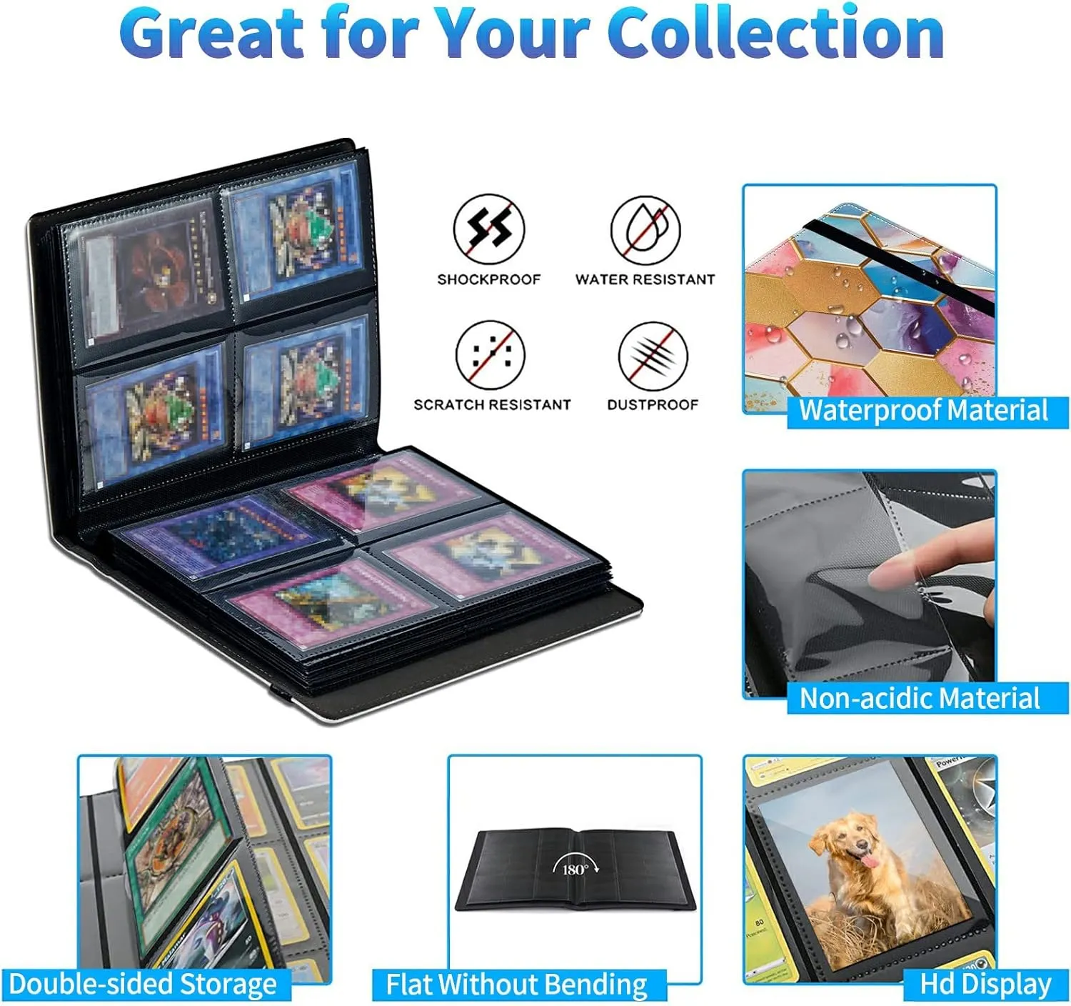 Trading Card Binder with 40 Sleeves, 4 Pocket Waterproof Card Book Holder Fits 320 Cards for Trading Cards, Football Cards, Pet Picture, Side Loading, Colorful Hexagons