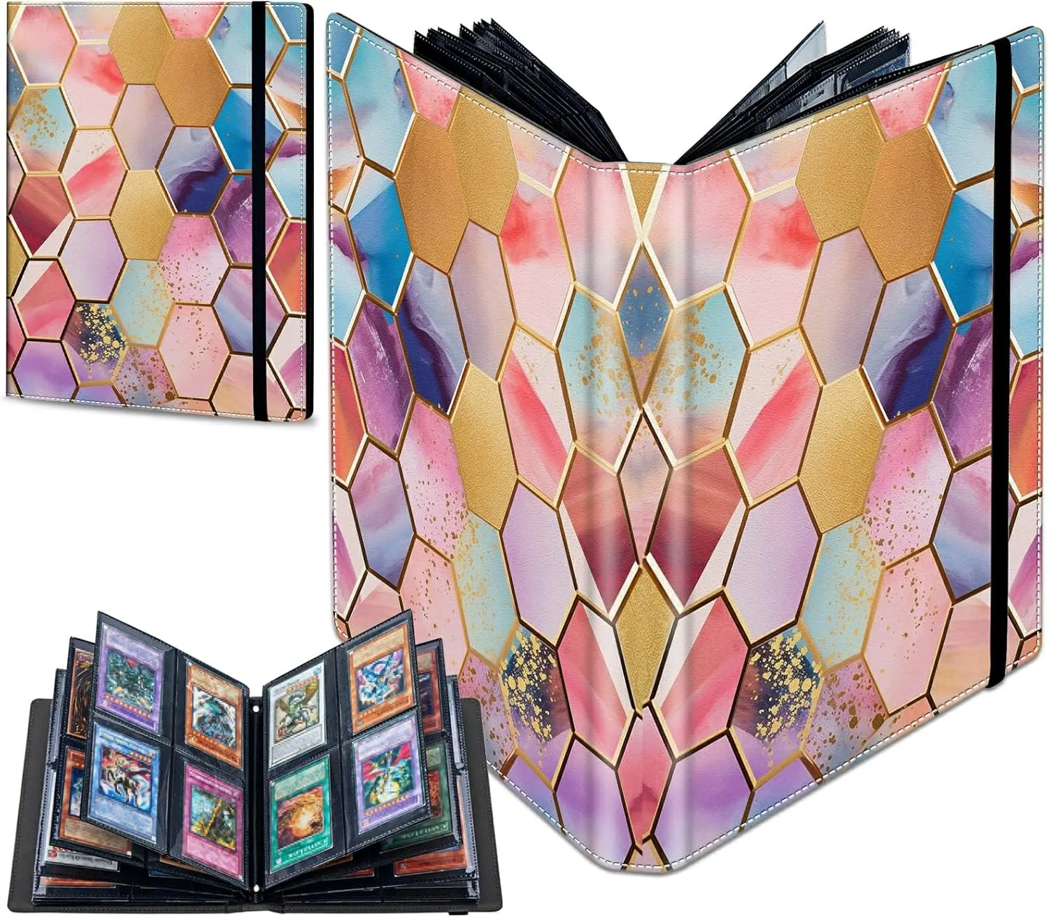 Trading Card Binder with 40 Sleeves, 4 Pocket Waterproof Card Book Holder Fits 320 Cards for Trading Cards, Football Cards, Pet Picture, Side Loading, Colorful Hexagons