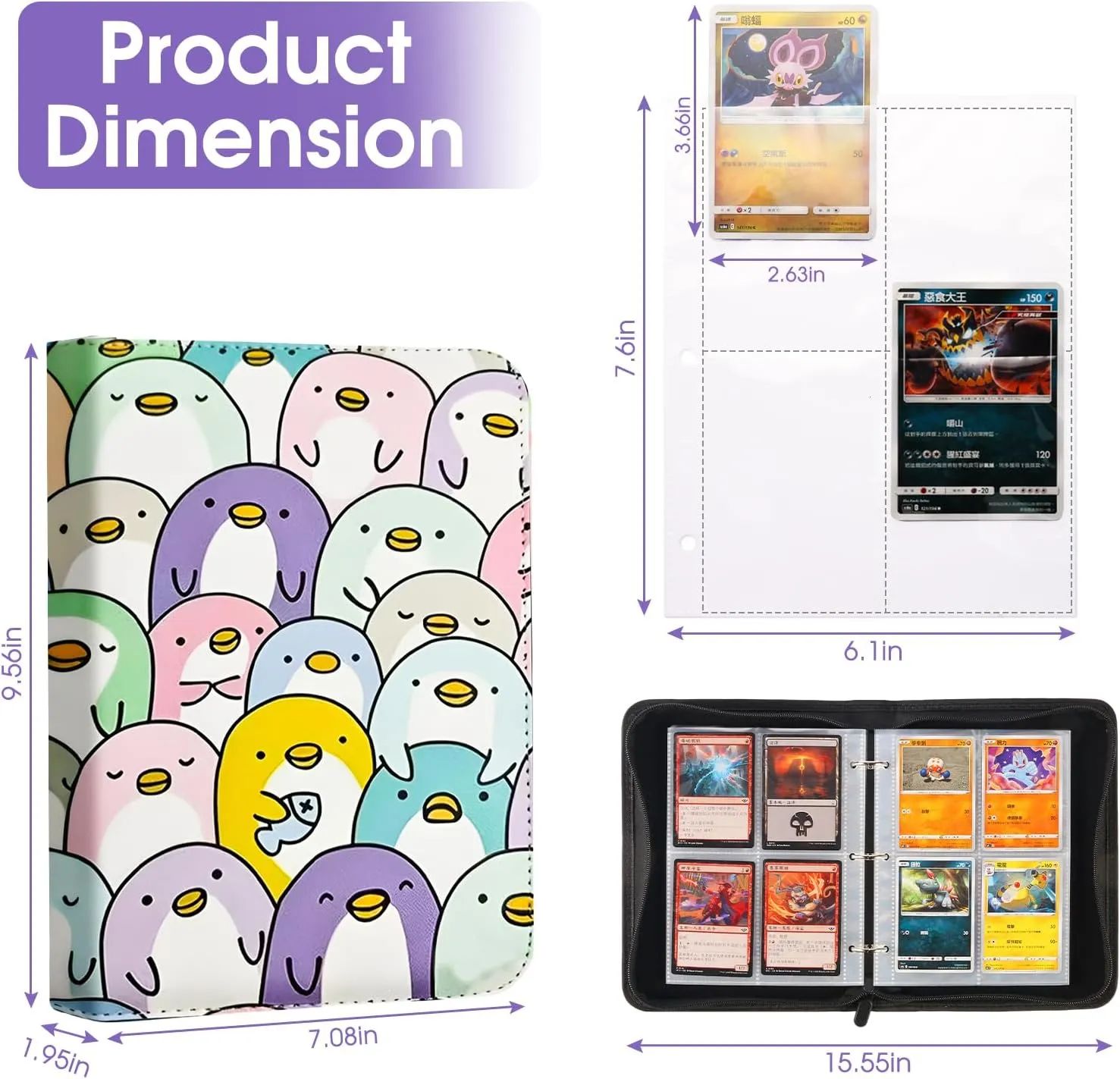 Trading Card Binder with 50 Removable Sleeves, 4-Pocket Organizer for 400 Cards - Album for Sports, Game, and Collectible Cards - Durable Storage Case for Girls, and Boys (Penguin)