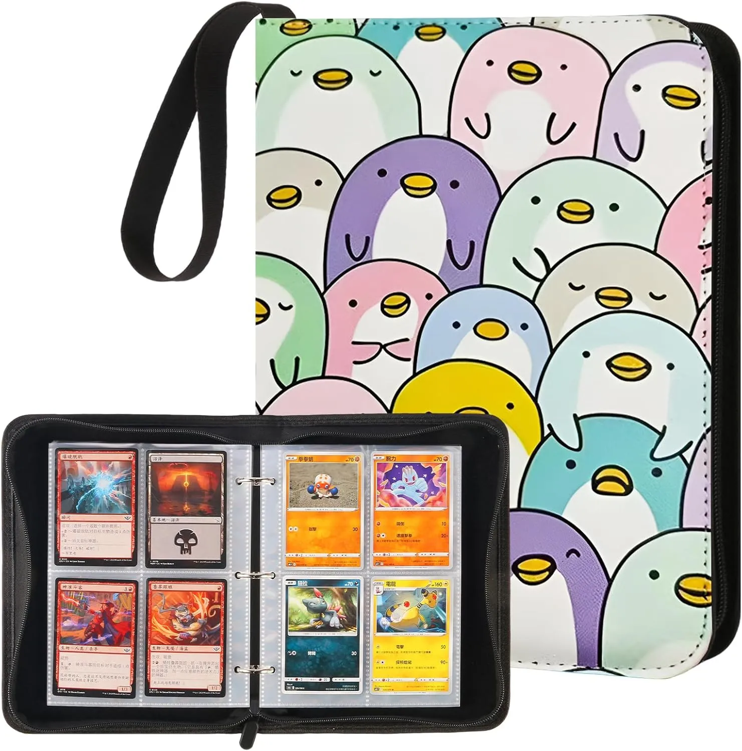 Trading Card Binder with 50 Removable Sleeves, 4-Pocket Organizer for 400 Cards - Album for Sports, Game, and Collectible Cards - Durable Storage Case for Girls, and Boys (Penguin)