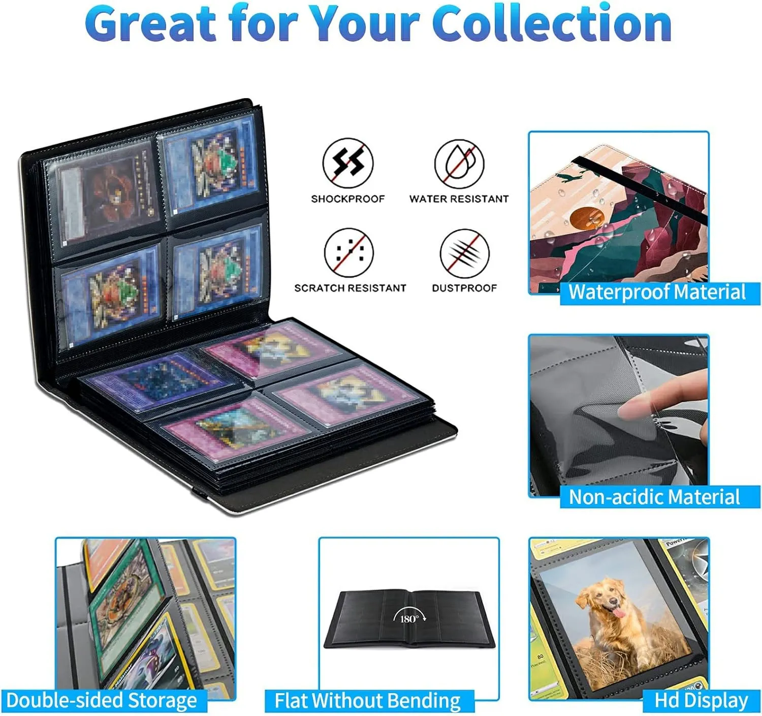 Trading Card Binder With 50 Sleeves, 4 Pocket Waterproof Book Holder Fits 400 Cards, for Football, Pet Pictures, Side Loading, Painting of Mountains Trees