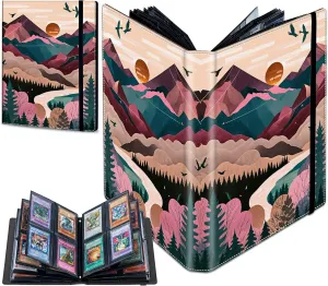 Trading Card Binder With 50 Sleeves, 4 Pocket Waterproof Book Holder Fits 400 Cards, for Football, Pet Pictures, Side Loading, Painting of Mountains Trees