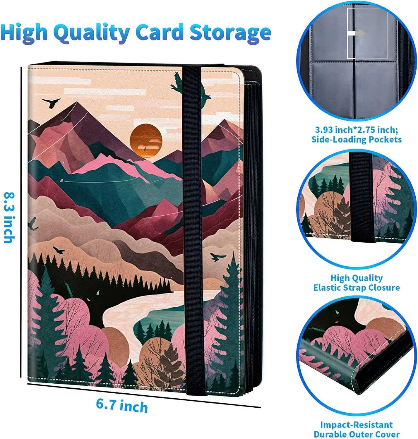 Trading Card Binder With 50 Sleeves, 4 Pocket Waterproof Book Holder Fits 400 Cards, for Football, Pet Pictures, Side Loading, Painting of Mountains Trees
