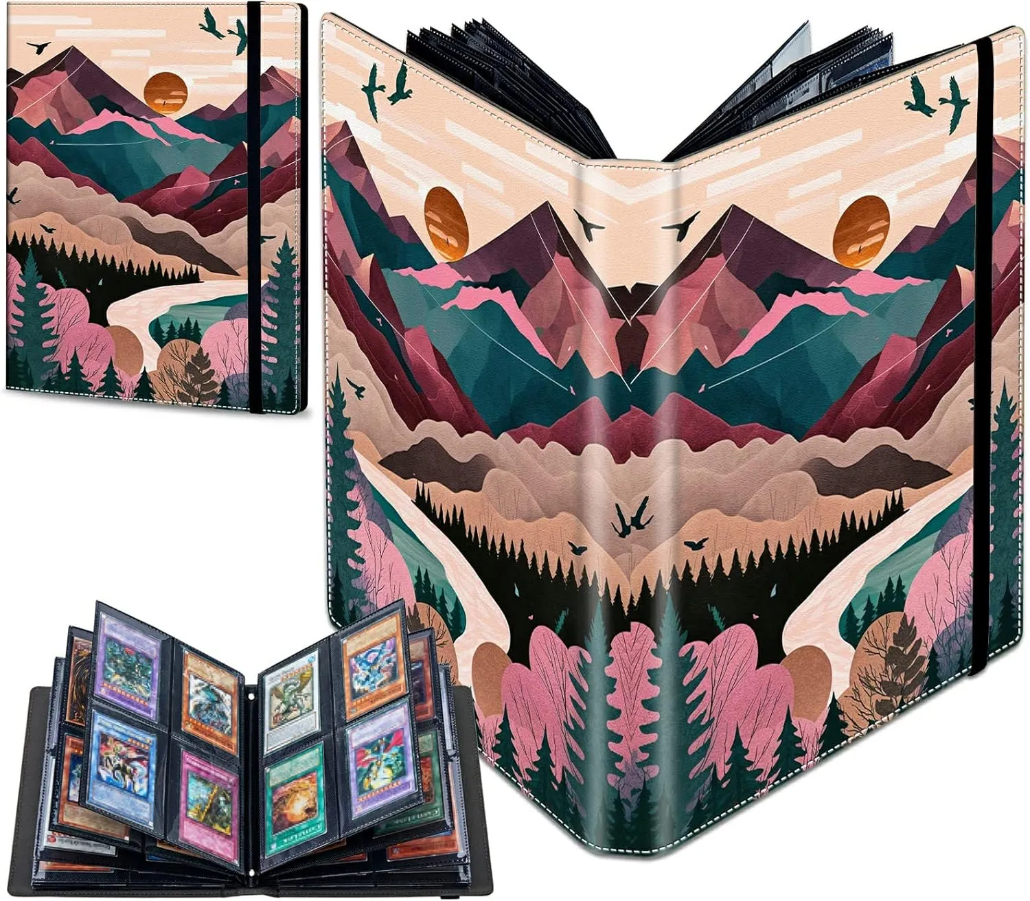 Trading Card Binder With 50 Sleeves, 4 Pocket Waterproof Book Holder Fits 400 Cards, for Football, Pet Pictures, Side Loading, Painting of Mountains Trees
