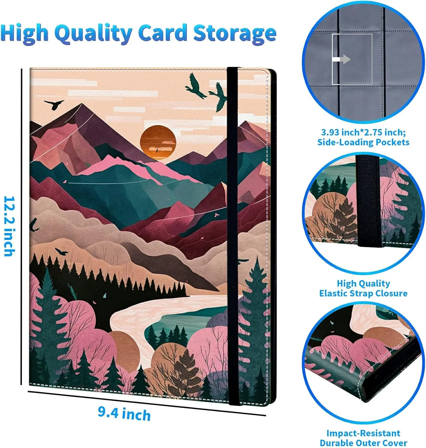 Trading Card Binder with 50 Sleeves, 9 Pocket Waterproof Card Book Holder Fits 900 Cards for Trading Cards, Football Cards, Pet Picture, Side Loading, Painting of Mountains Trees