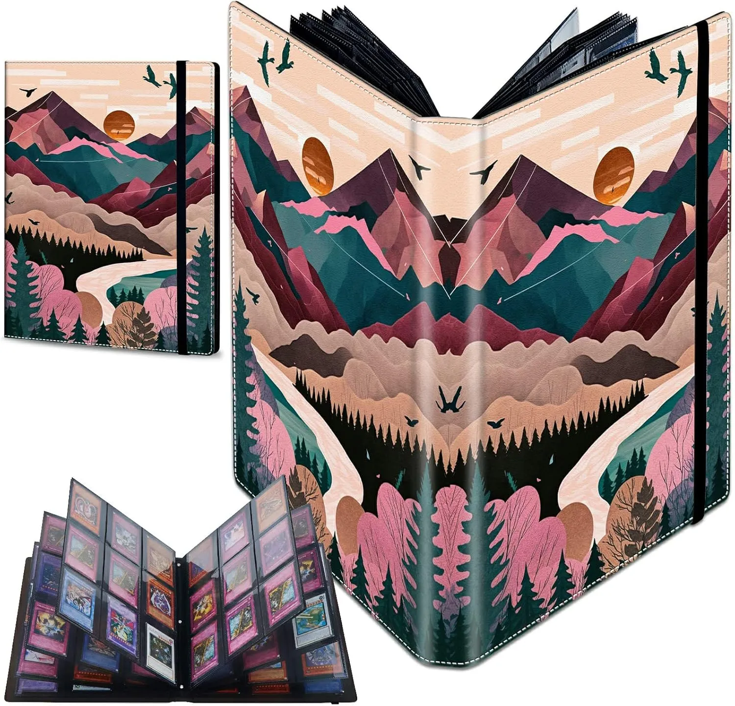 Trading Card Binder with 50 Sleeves, 9 Pocket Waterproof Card Book Holder Fits 900 Cards for Trading Cards, Football Cards, Pet Picture, Side Loading, Painting of Mountains Trees