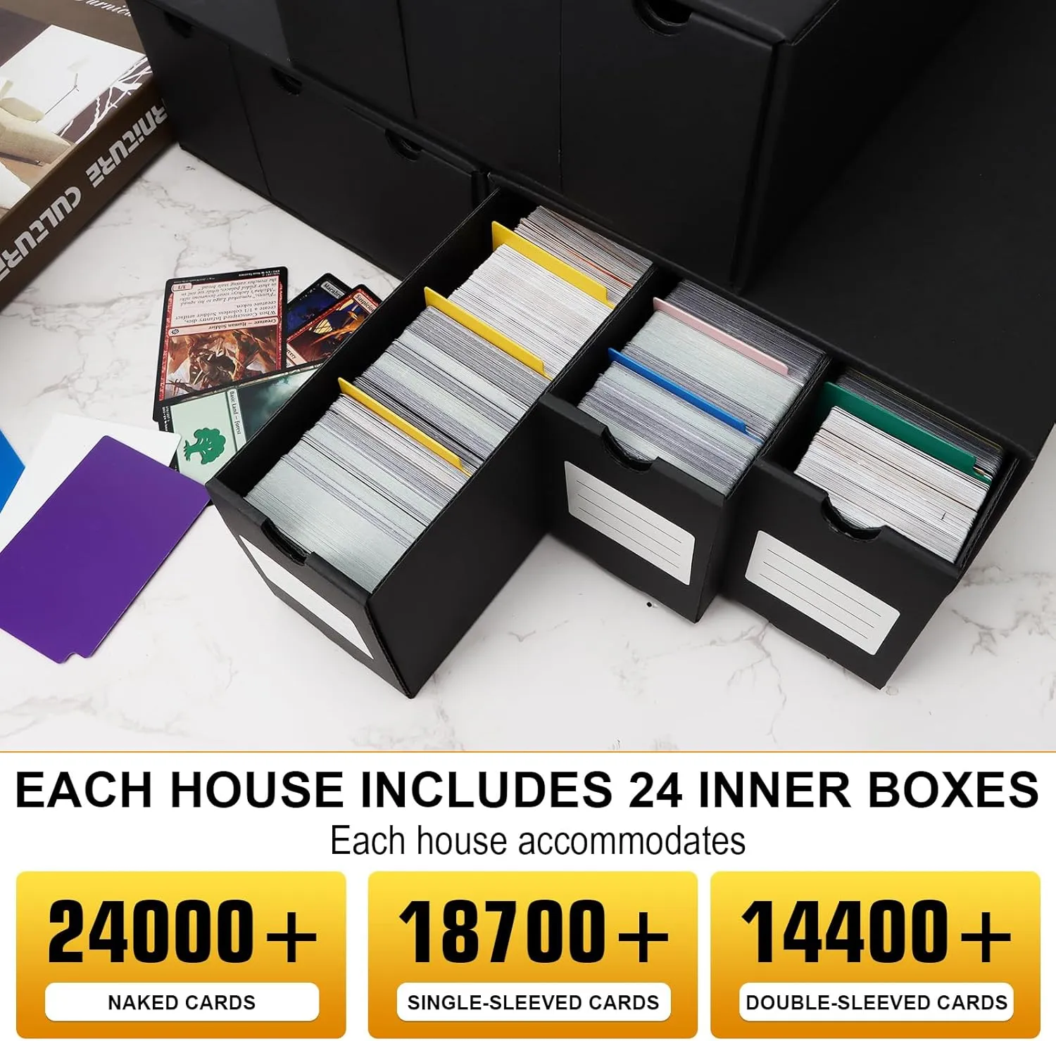 Trading Card Organizer - Card Storage Box with 24-600 CT Boxes - 72 Dividers, Labels and Tapes - 24000  Cards Capacity - Perfect for TCG, MTG, Sports Cards,Collectible Card Games