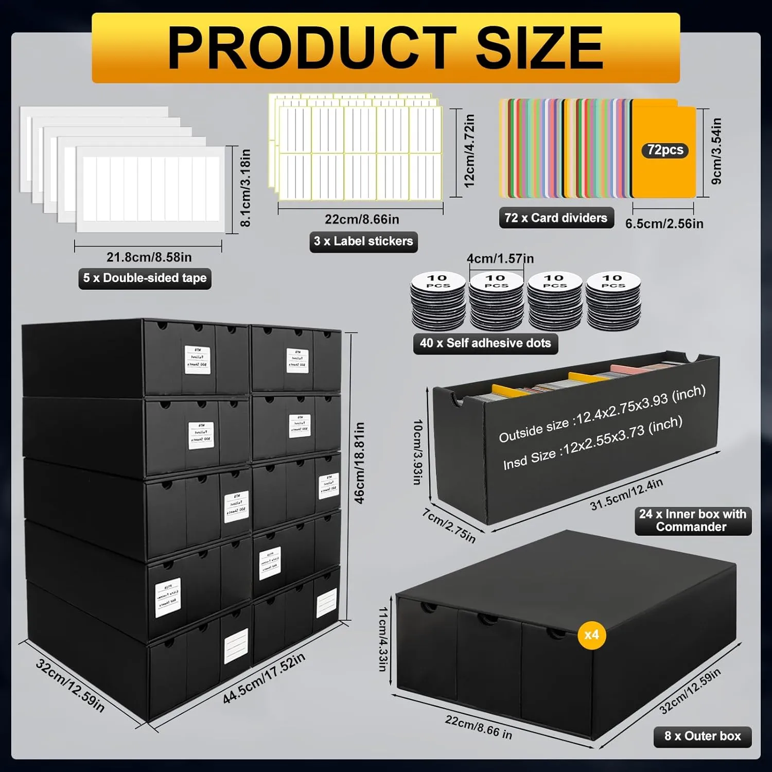 Trading Card Organizer - Card Storage Box with 24-600 CT Boxes - 72 Dividers, Labels and Tapes - 24000  Cards Capacity - Perfect for TCG, MTG, Sports Cards,Collectible Card Games