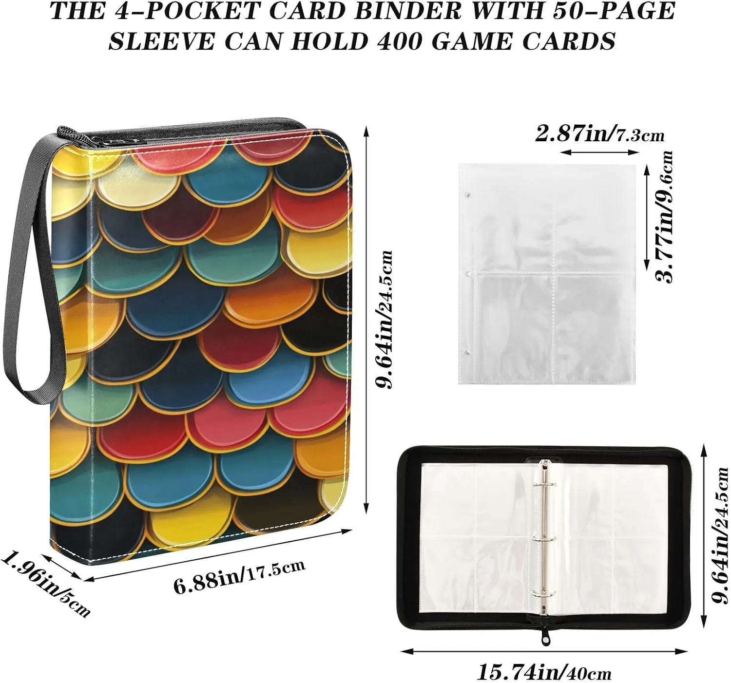 Trading Card Storage Binder PU Leather Card Holder with Zipper 400 Slots Collector Album Waterproof Card Organizer Colorful Fish Scales