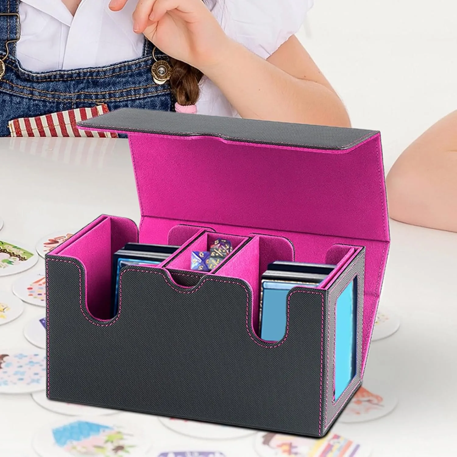 Trading Card Storage Case | Two Compartments Magnetic Trading Card Case with Dice Tray - Detachable Protector for Game Playing Collection Display