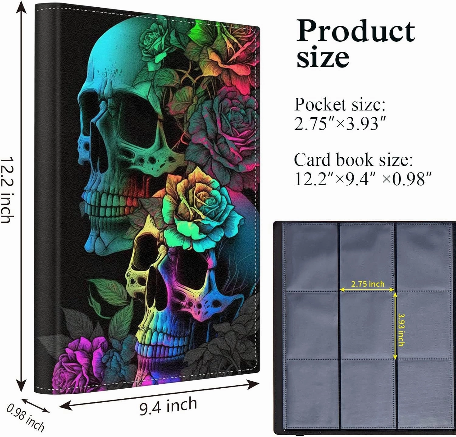 Trading Card Binder,9 Pockets Trading Card Album Folder,360 Side Loading Pocket Card Collection Binder,for Sports Cards,MTC,TCG,Game Cards,Collectible Trading Card Albums,Colorful Rose Flower Skull