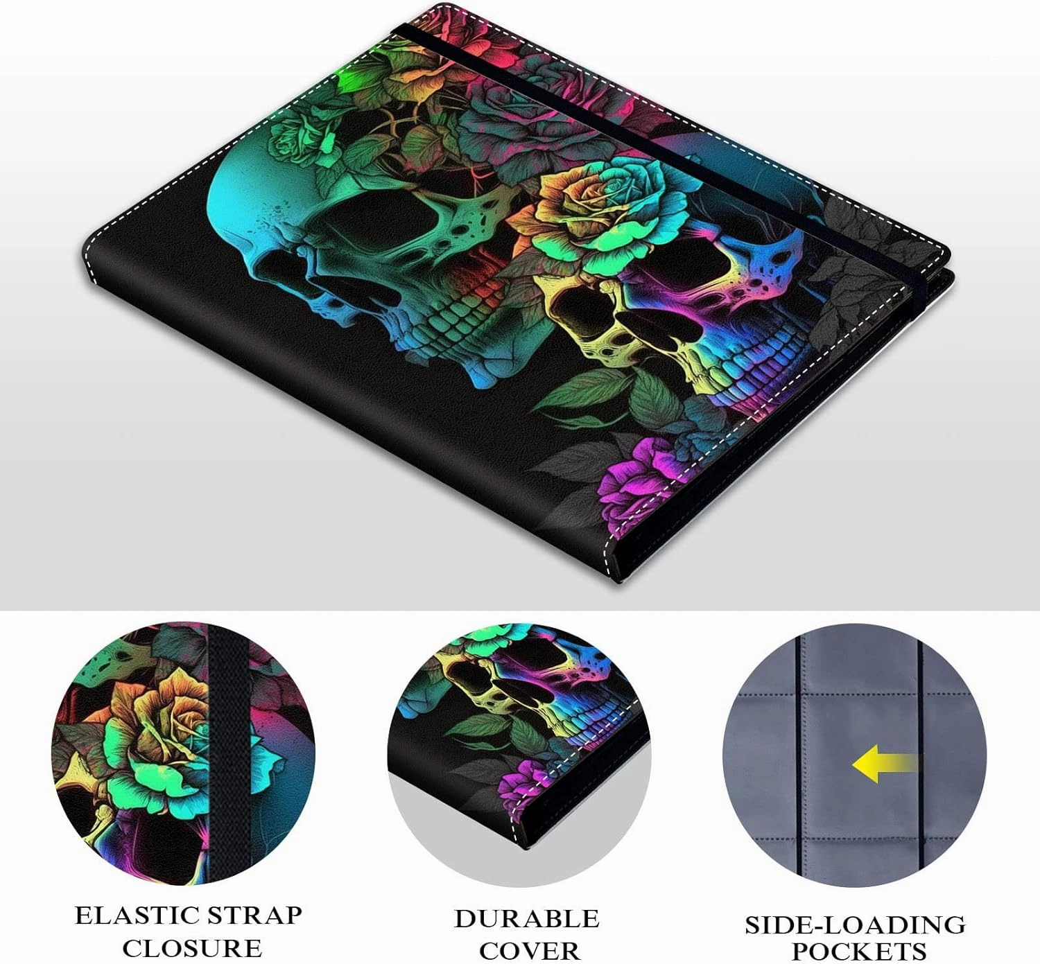 Trading Card Binder,9 Pockets Trading Card Album Folder,360 Side Loading Pocket Card Collection Binder,for Sports Cards,MTC,TCG,Game Cards,Collectible Trading Card Albums,Colorful Rose Flower Skull
