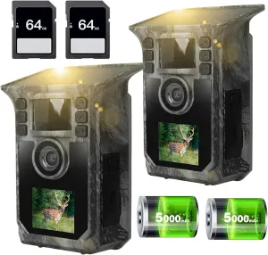 Trail Camera 2 Pack 4K 64MP Solar Game Camera with 5000mAh Forever Power, 64GB Memory Card and Ip67 Waterproof Angle Night Vision for Wildlife Deer Outdoor Trail Cam, Monitoring Trail Cameras