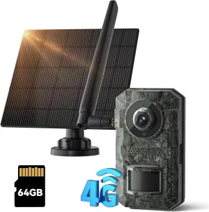 Trail Camera, 2k HD Live Cellular Trail Cameras, Built-in Sim Card,with 64g Memory Card,Game Camera Solar Powered, PIR Motion Activated 0.1s Trigger Time, IP66 Waterproof, with Night Vision