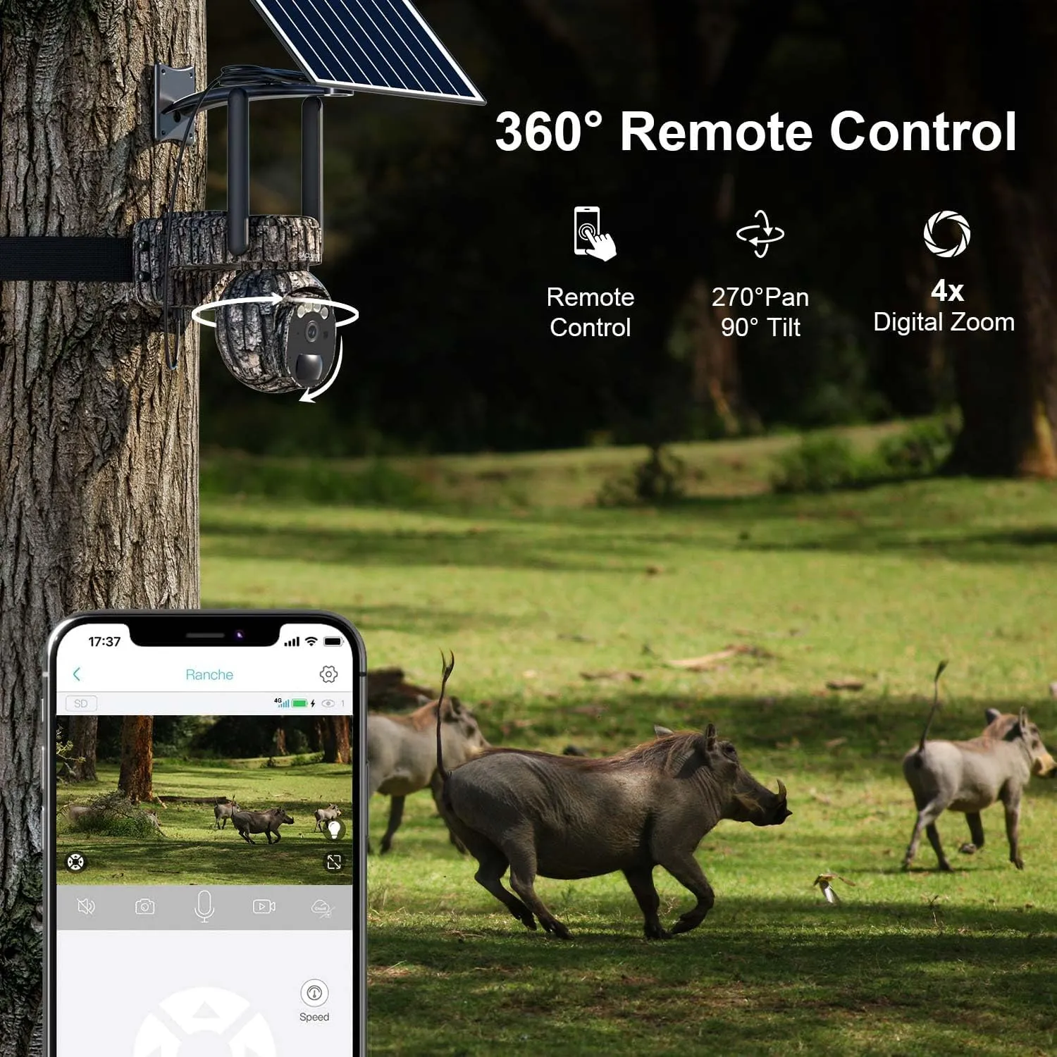 Trail Cameras Cellular, Game Camera with Night Vision Motion Activated Waterproof, 4G LTE Solar Hunting Cameras for Wildlife, 360 PTZ, 2K HD Live Video, 360°View, No Wi-Fi Needed