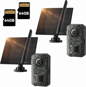 Trail Camera 2 Pack, 2k HD Live Cellular Trail Cameras, Built-In Sim Card,With 64g Memory Card,Game Camera Solar Powered, PIR Motion Activated 0.1s Trigger Time, IP66 Waterproof , with Night Vision