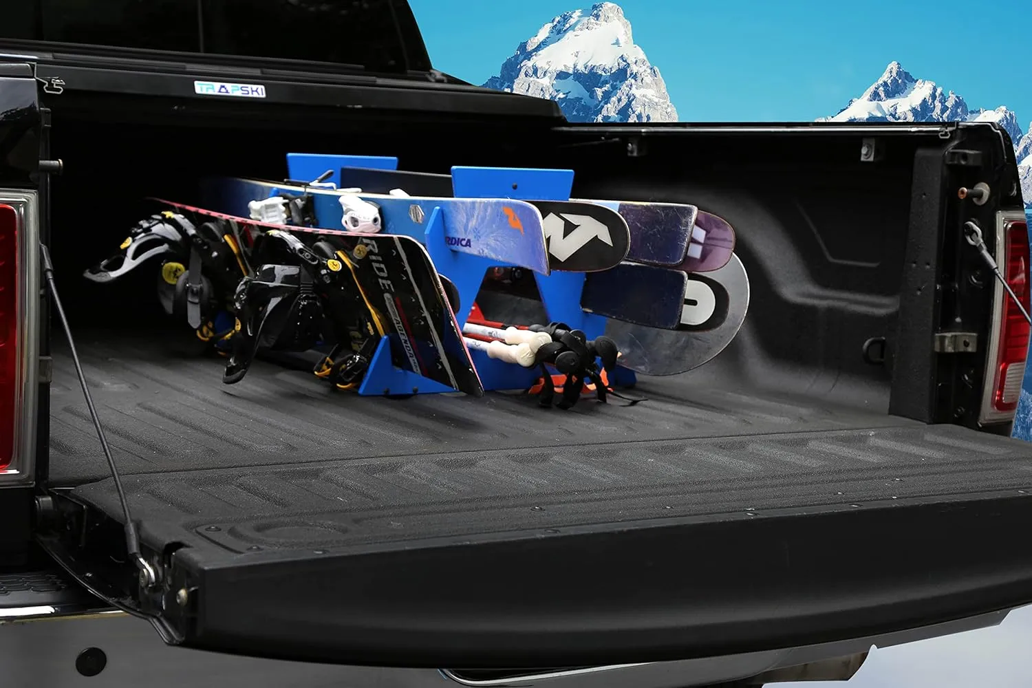 TRAPSKI Mobile All Mountain, Racing and XC Ski Rack Marine Grade HDPE Plastic | UV Protected | Premium Strap Included | 3 Year Warranty | Made in The USA | Veteran Owned Business (Black, Quad)