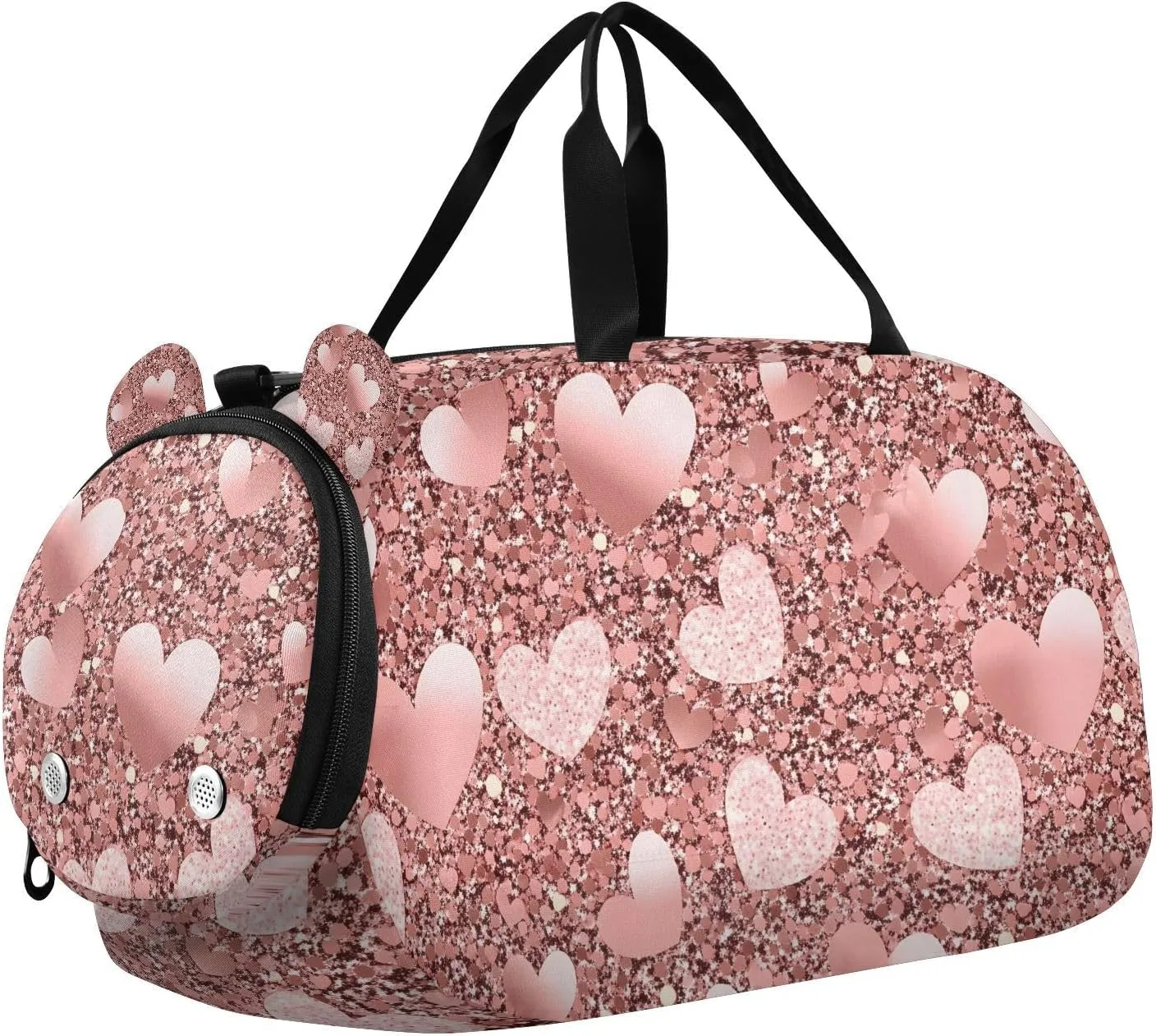 Travel Duffle Bag for Kids Boys Girls Gold Glitter Shiny Heart Pattern Sports Bag Overnighter Duffle Sleepover Weekender with Shoes Compartment