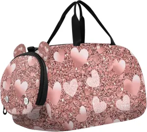 Travel Duffle Bag for Kids Boys Girls Gold Glitter Shiny Heart Pattern Sports Bag Overnighter Duffle Sleepover Weekender with Shoes Compartment