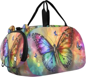 Travel Duffle Bag for Kids Boys Girls Shiny Rainbow Butterflies Glitter Butterfly Sports Bag Overnighter Duffle Sleepover Weekender with Shoes Compartment