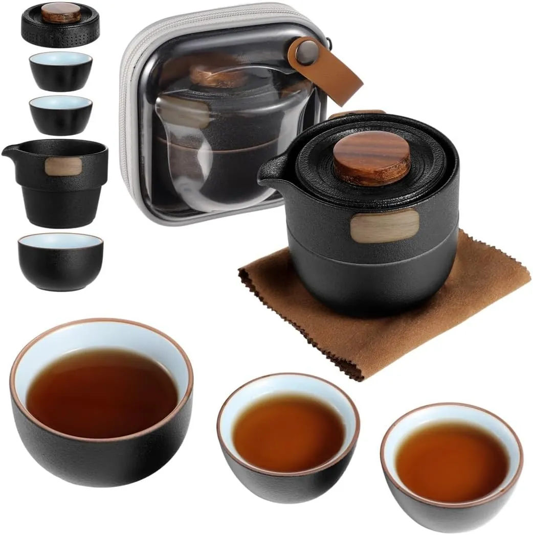 Travel-Ready Chinese Ceramic Teapot Set with 3 Cups, Portable Kung Fu Tea Kit in Compact Bag for Camping, Picnic, and On-The-Go