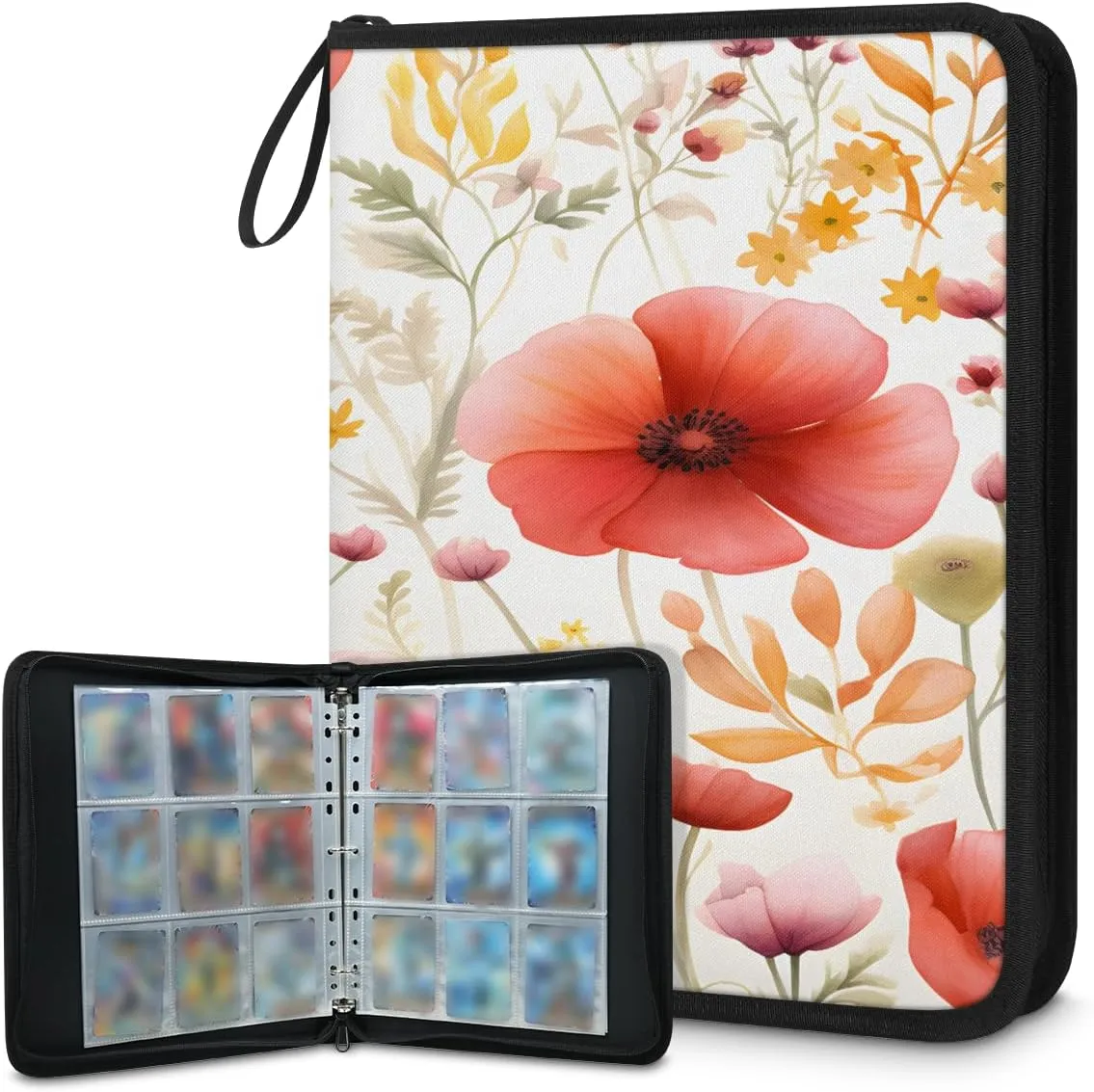 Tropical Flowers 3 Ring Trading Zipper Binder Strap, Trading Card Binder 9 Pocket, 900 Pockets Card Holder with 50 Removable Sleeves for Game Cards