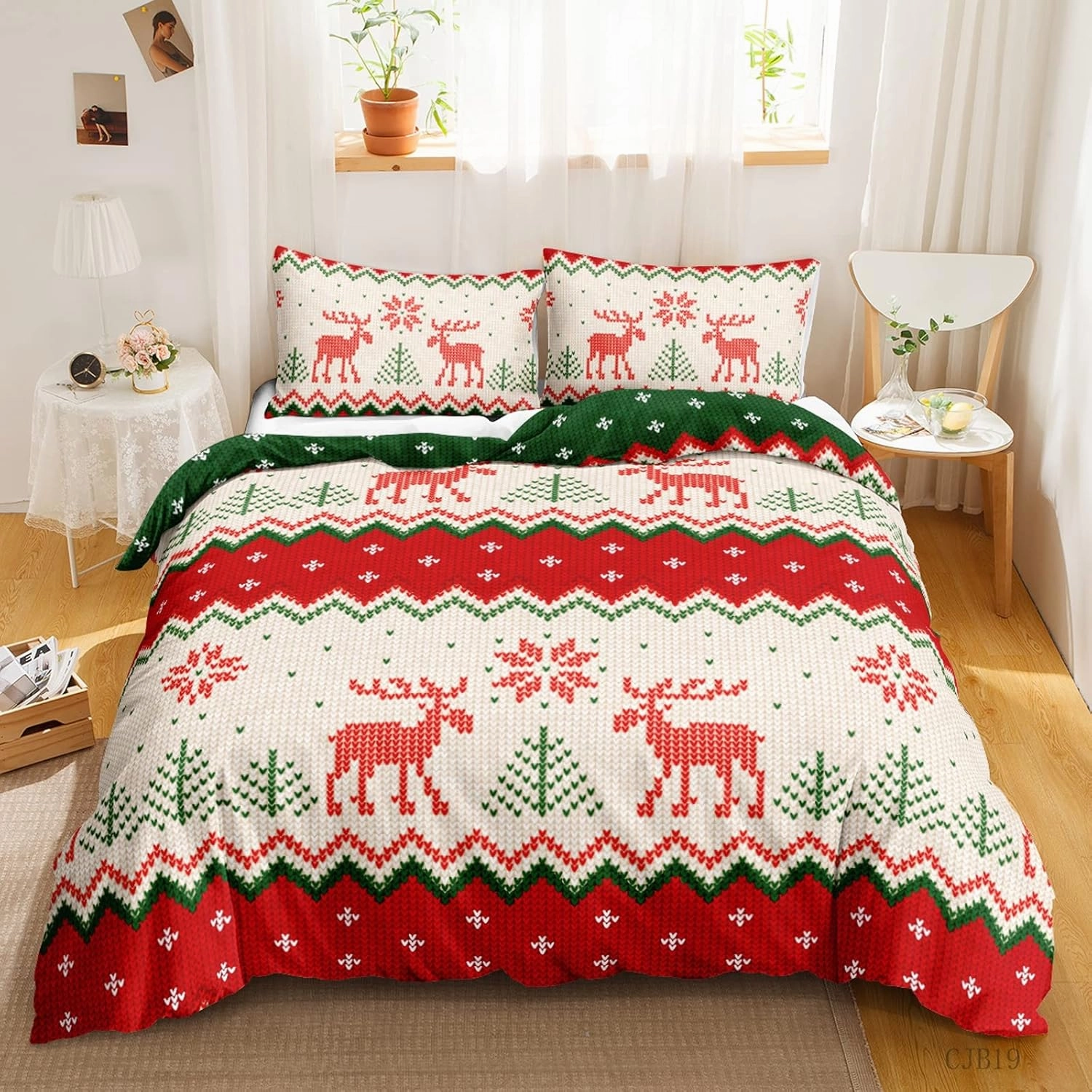 Twin Queen King Size Bedding Sets Christmas Holiday Duvet Cover Elk Snowflake Pattern Gift Breathable Durable Soft Comfy 3 Piece with 2 Pillow Shams,B,Twin