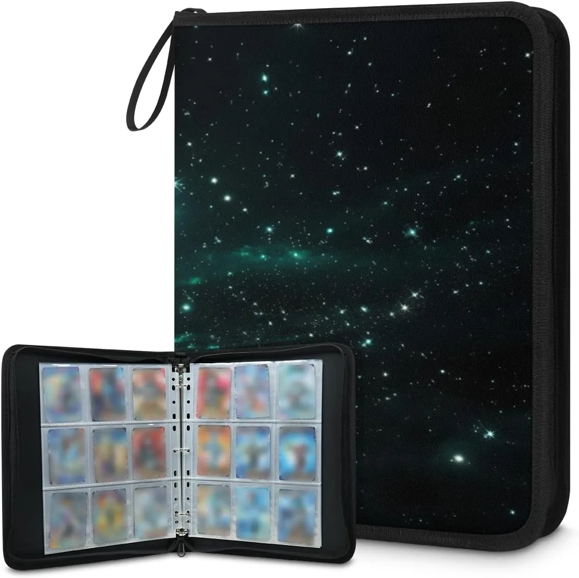 Twinkling Starry Sky 3 Ring Trading Zipper Binder Strap, Trading Card Binder 4 Pocket, 400 Pockets Card Holder with 50 Removable Sleeves for Game Cards